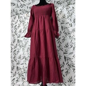 R. Vivimos Plaid Puff Sleeves Bow Boho Midi Dress Sz M Burgundy Vacation Casual